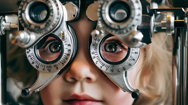 A woman undergoes an eye exam with a phoropter on her face