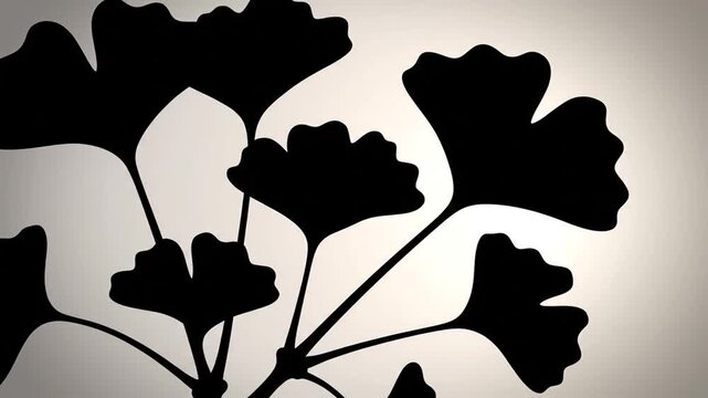 A grayscale image featuring black ginkgo leaves silhouetted against a softly shaded backdrop