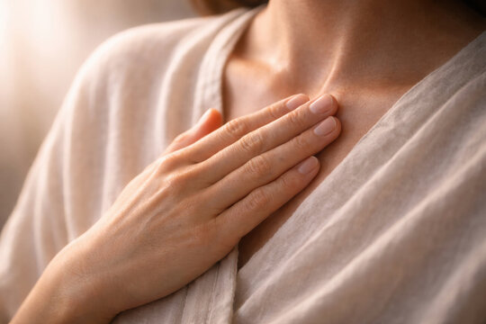 Gentle touch on chest evokes somatic sense of calm and connection, reflecting inner peace and mindfulness
