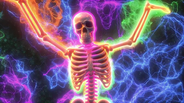 Glowing skeleton stands against vibrant neon background with outstretched arms