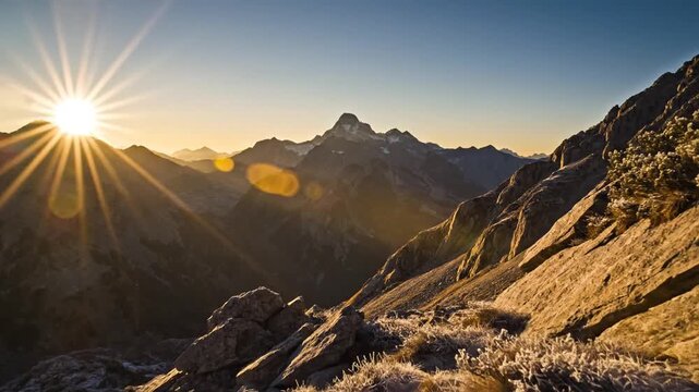 Sunrise over mountains golden rays pierce the peaks, illuminating the rocky terrain