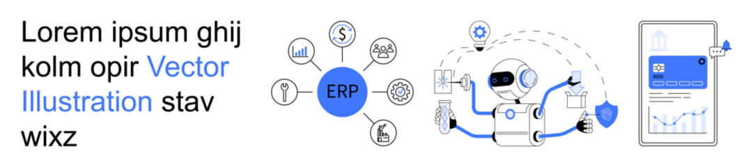 Business management, process automation, ERP software, robotics, workflow optimization, data analytics. Circular ERP icons, a robot and a digital interface. Business management and automation
