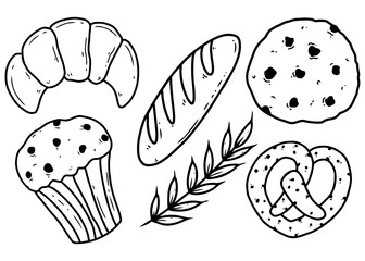 Hand-drawn black and white illustration of various bakery items including a croissant, baguette, cookie, muffin, and pretzel with a wheat sprig.