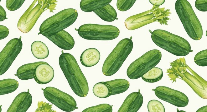 Watercolor Illustration of Fresh Cucumbers and Celery on White Background