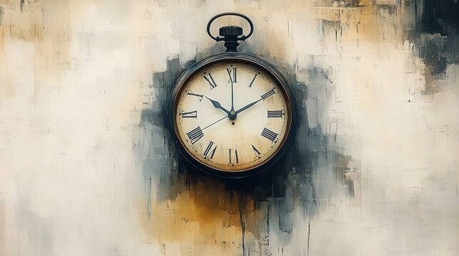 aged pocket watch with roman numerals and ornate hands on an abstract textured paint background, evoking nostalgia and timeless contemplation