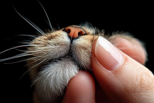 close-up of a cat's whiskered muzzle and pink nose being gently cupped by a human hand with a manicured fingernail, tender affectionate moment