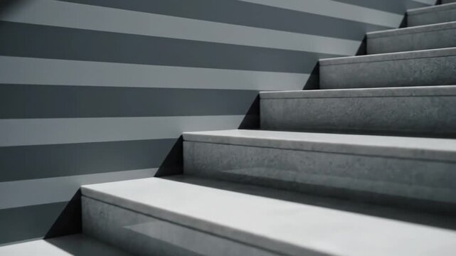 A close-up view of a staircase featuring grey stone steps and a striped wall, with shadows