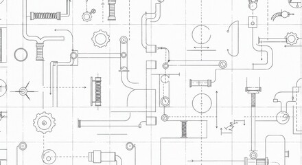 Obraz premium Detailed Mechanical Blueprint Illustration with Gears, Springs, and Piping on White Background