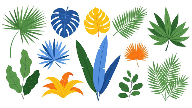 Collection of Diverse Tropical Plant Leaves in Various Colors and Shapes.