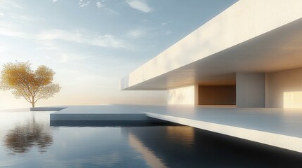 Obraz premium minimal concrete pavilion with cantilevered terraces over a reflective pool and a lone golden tree at sunrise, serene and contemplative atmosphere