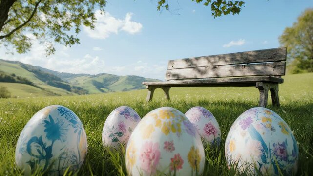 Painted easter eggs celebrating a Happy Easter on a spring day with a green grass meadow, bright sunlight and tree leaves.