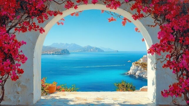 sunlit stone archway framed by vibrant pink bougainvillea overlooking turquoise sea, rocky coastline and distant mountains with a terracotta potted plant on a peaceful seaside terrace