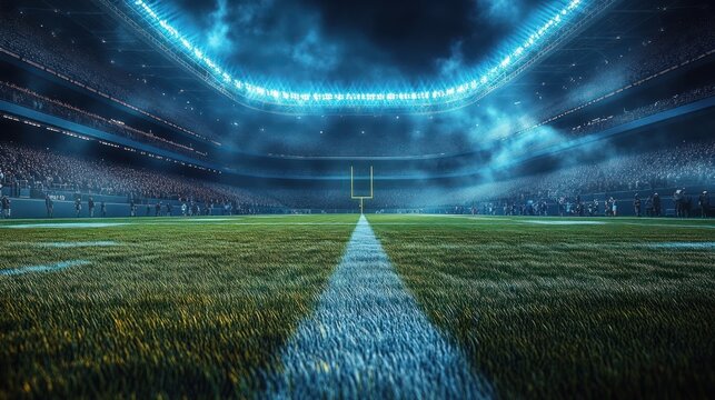 Dramatic illuminated football stadium at night with central yard line leading to distant goalposts and a tense, anticipatory atmosphere