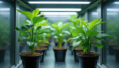 Rows Of Healthy Green Plants Growing In A Laboratory With Artificial Lights Overhead