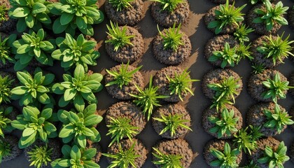 Rows of Young Green Plants Growing in Dark Soil Under Natural Sunlight Ideal for Agriculture and Garden Concepts