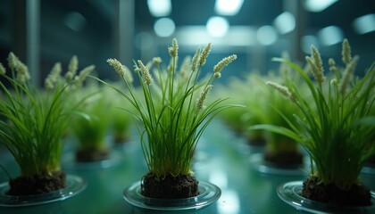 Rows of Lush Green Seedlings Growing in Clear Water Containers Under Soft Overhead Lighting in a Controlled Indoor