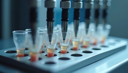 Automated laboratory equipment performing liquid transfer in sterile research environment with precise robotic arms and