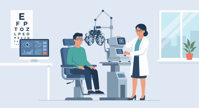 Optometrist Using Eye Testing Equipment
Flat vector illustration of an optometrist using specialized eye testing equipment on a patient. Machine and chair visible. Flat vector style, modern healthcare