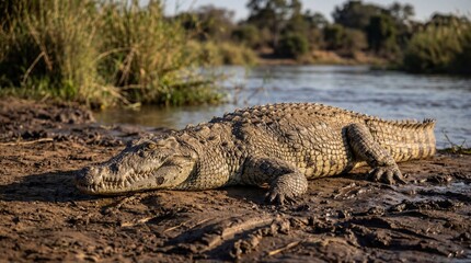 Obraz premium Crocodile in natural habitat with warm sunlight on scaly skin for wildlife documentary