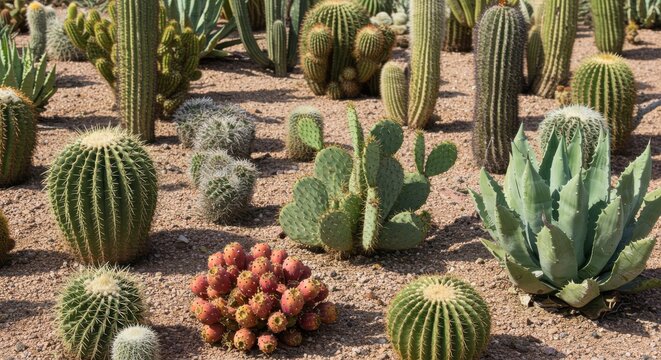 Diverse cacti and succulents thrive in a sun-drenched desert garden setting.