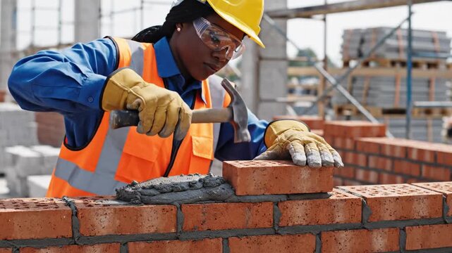 Construction worker laying bricks with a trowel on a building site outdoors