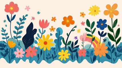 Naklejka premium cheerful whimsical meadow of colorful hand-drawn flowers, leafy plants, little stars and a small rainbow on a soft pastel background
