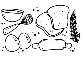 Hand-drawn illustration of baking ingredients and tools including bread, eggs, flour, whisk, and rolling pin.
