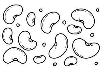 Hand-drawn outline illustration of various beans scattered on a white background, depicting legumes in a simple doodle style.