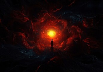Fototapeta premium Solitary silhouette standing in a swirling dark red tunnel facing a glowing golden orb, evoking awe, mystery and contemplative solitude