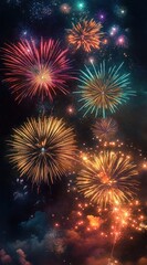Obraz premium Vibrant multicolored fireworks bursting across a smoky night sky, sparkling golden and teal explosions creating a celebratory, awe-inspiring atmosphere
