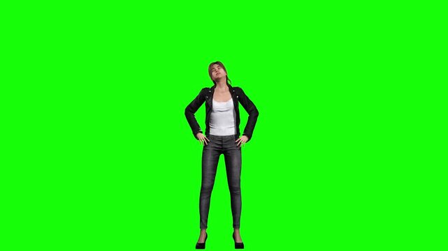Female fitness character performing stretching exercise on green screen chromakey background. Professional 3d animated cartoon animation look suitable for sport templates, workout tutorials, motion