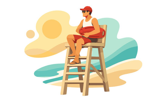 Male lifeguard sitting on chair holding rescue buoy watching.