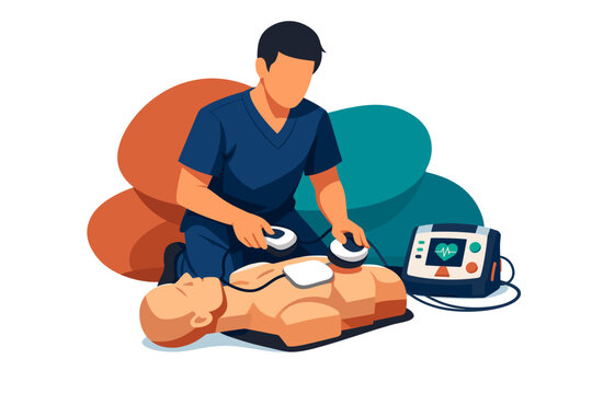 Man performs cardiopulmonary resuscitation on a dummy with AED machine.