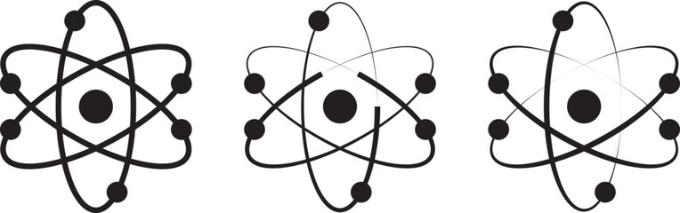 atom icon set. Atomic structure symbols. Simple black and white illustration of an atom with orbiting electrons around a nucleus