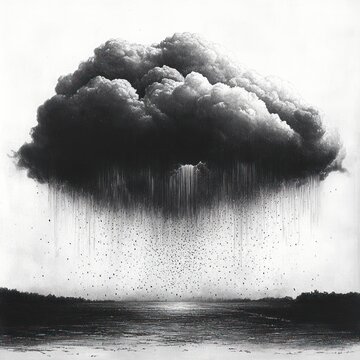 single heavy dark cloud hovering over calm water, pouring vertical rain streaks and droplets toward a distant shoreline in a brooding, melancholic scene