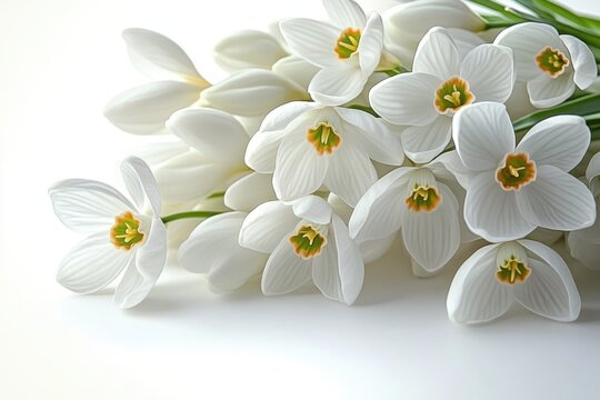 Serene bouquet of white daffodils with yellow centers and green stems on a soft white background, delicate and elegant