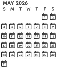 May 2026 calendar template designed with gray day numbers inside square calendar icon boxes. Minimal and clean grid composition isolated on transparent background