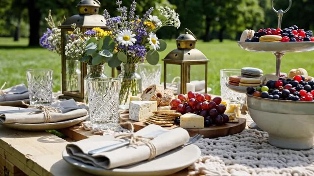 A beautifully arranged picnic table with food and drinks in a park setting