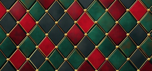 Fototapeta premium luxurious quilted diamond pattern of red, green, and dark panels separated by gold trim and decorative gold studs, conveying elegant festive opulence
