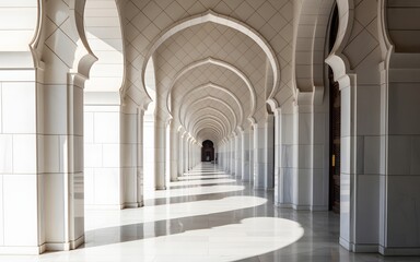Naklejka premium A long, white, arched hallway with columns and a shiny floor in a modern building