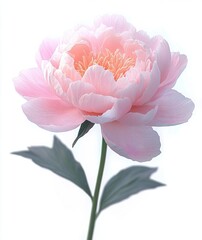 single soft pink peony bloom with layered delicate petals, visible golden stamen, green stem and leaves, serene romantic mood on a bright light background