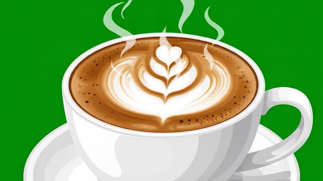 Steaming hot cup of coffee with beautiful latte art design on a green background