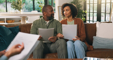 Obraz premium Mature couple, realtor and document at house for consultation of mortgage application. Agent, talking and people with home loan form, property purchase and real estate advisory for finance assessment
