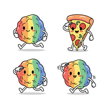 Colorful cartoon pizza characters running and having fun in a playful animated style