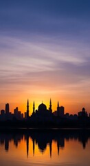 Obraz premium City skyline at sunset by water.