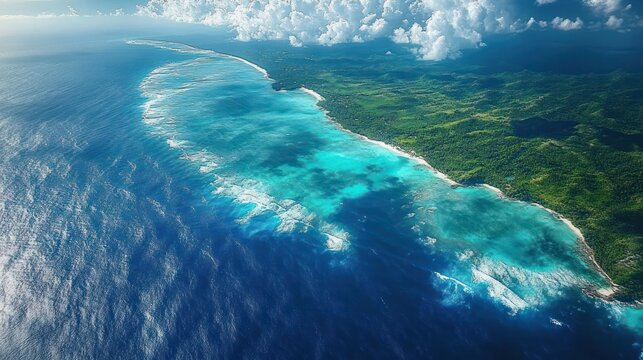 aerial view of a tropical coastline with turquoise reefs, deep blue ocean, rolling waves, lush green hills and dramatic clouds evoking peaceful awe