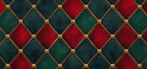 Fototapeta premium luxurious tufted diamond pattern of red and green leather panels with gold buttons, ornate quilted upholstery evoking elegant and festive opulence