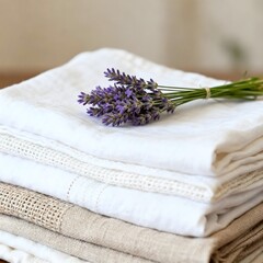 A stack of neatly folded white and beige linens with a sprig of lavender on top