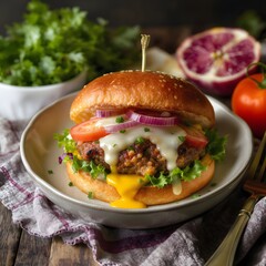 A delicious burger with melted cheese and fresh vegetables on a plate