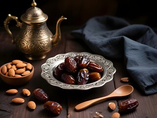 A beautifully arranged still life of dates and almonds on a wooden table with a teapot